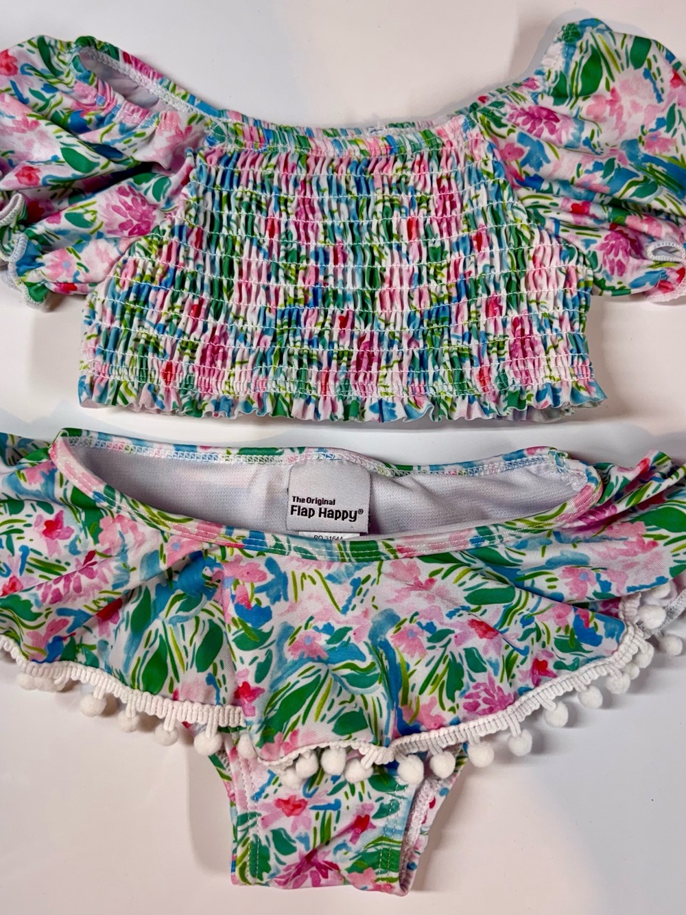 Flap Happy Pink, Green & Blue Floral Smocked Bikini Set with Pom Trim